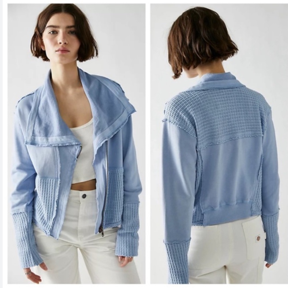 We The Free People Hazel Cardi Jacket Womens Large Sea Blue Waffle Knit Zip Up